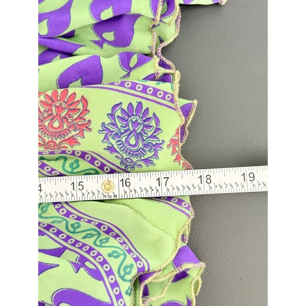 Tiered Boho Silk Blend Skirt Mini Green Paisley Smocked Festival Lettace Hem Y2k - Picture 6 of 6